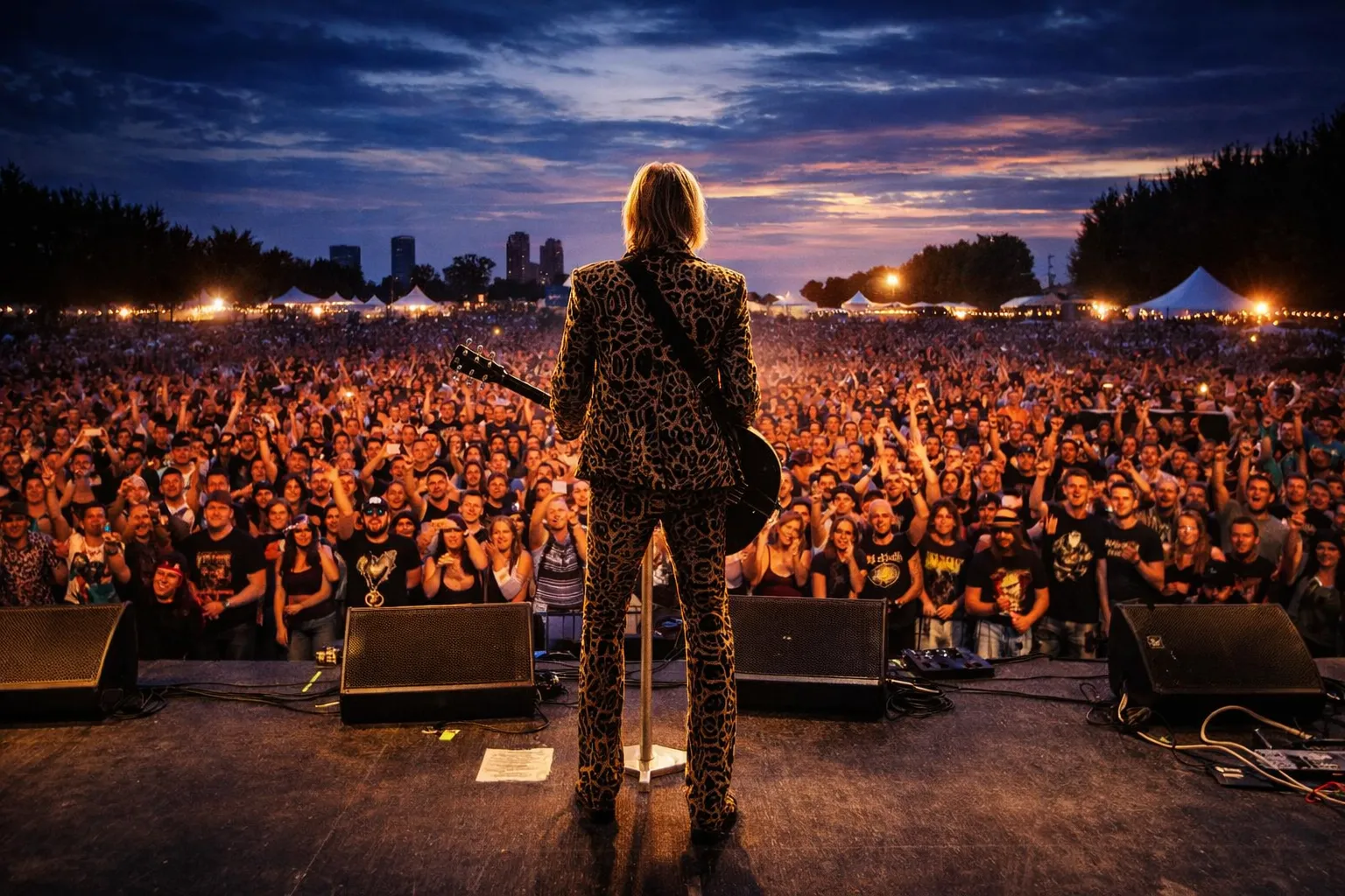 Doug Shepard facing a festival crowd at sunset, seen from behind the stage