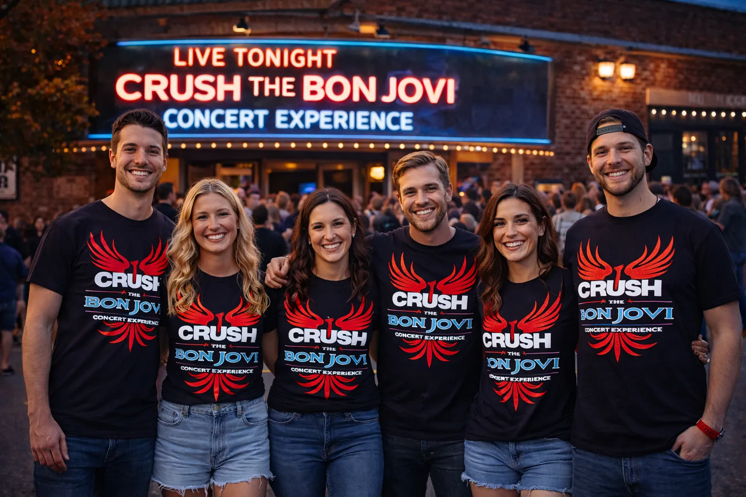 The band and fans in Crush shirts under a marquee reading Live Tonight