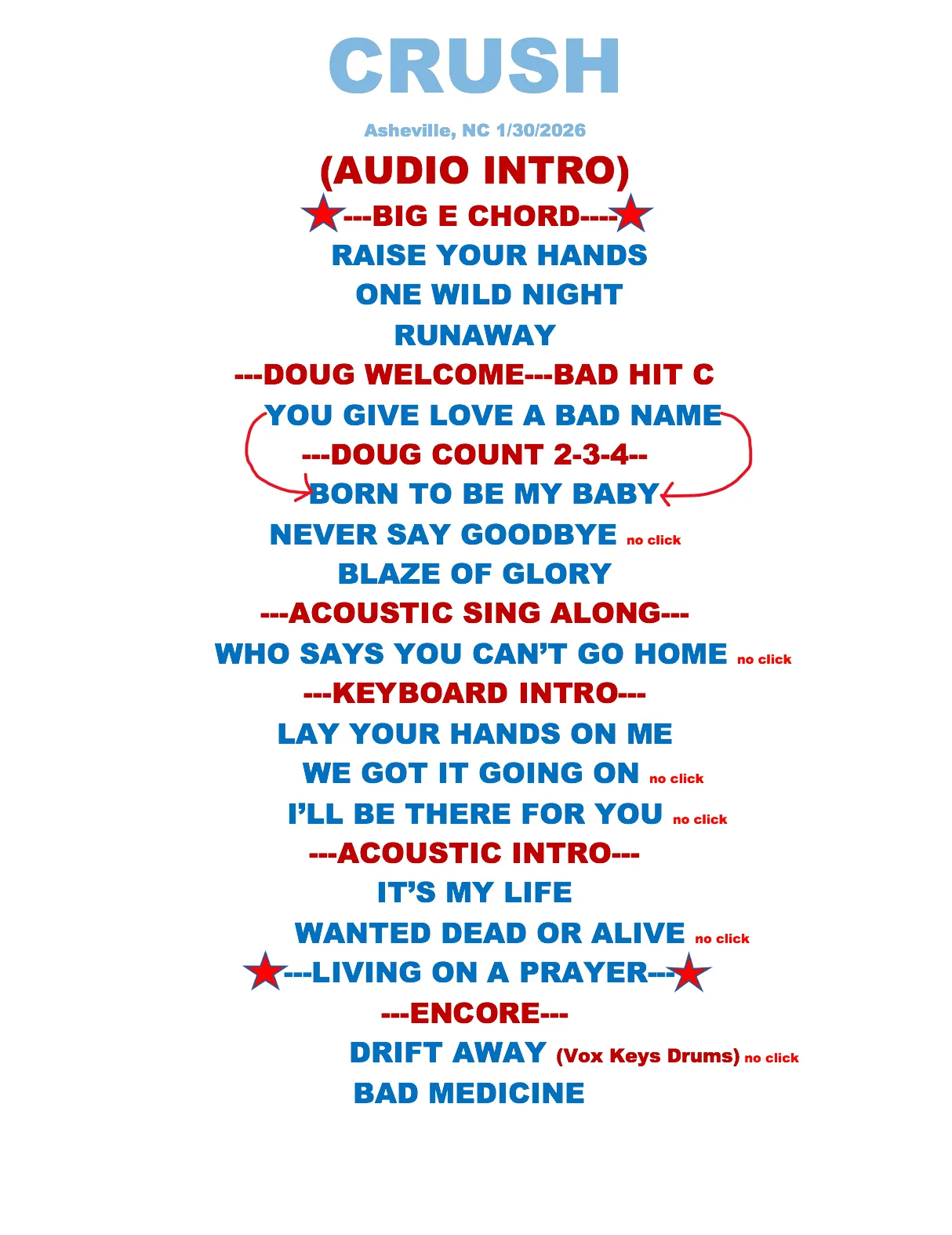 A printed setlist taped to the stage floor at a show in Asheville, North Carolina